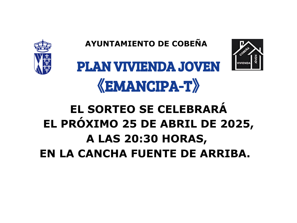 El 25 de abril se celebrará el Sorteo Público para establecer el orden de acceso a 62 viviendas de VPPL dentro Plan Vivienda Joven de Cobeña: “Emancipa-T”